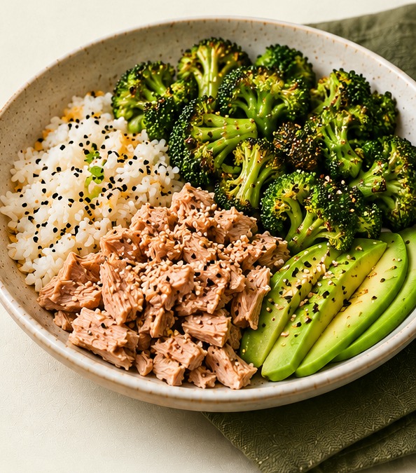 Bowl de atún con brócoli y arroz en airfryer