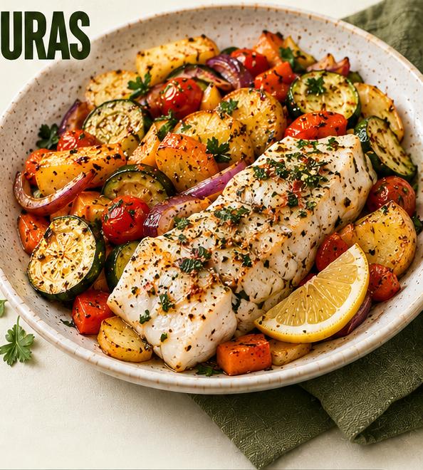 Merluza con patata y verduras en airfryer