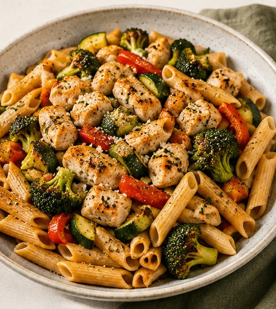 Pasta integral con pollo y verduras