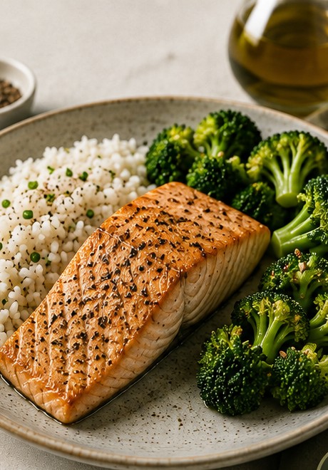 Salmón con arroz y brócoli